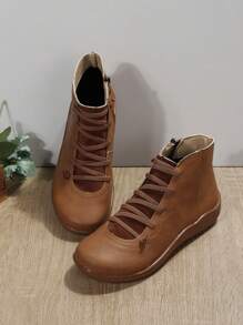 秋冬新款大碼男女鞋夫婦款交叉彈性帶休閒鞋美麗復古風格外貿熱踩短靴 - 卡其色 - 查看 4