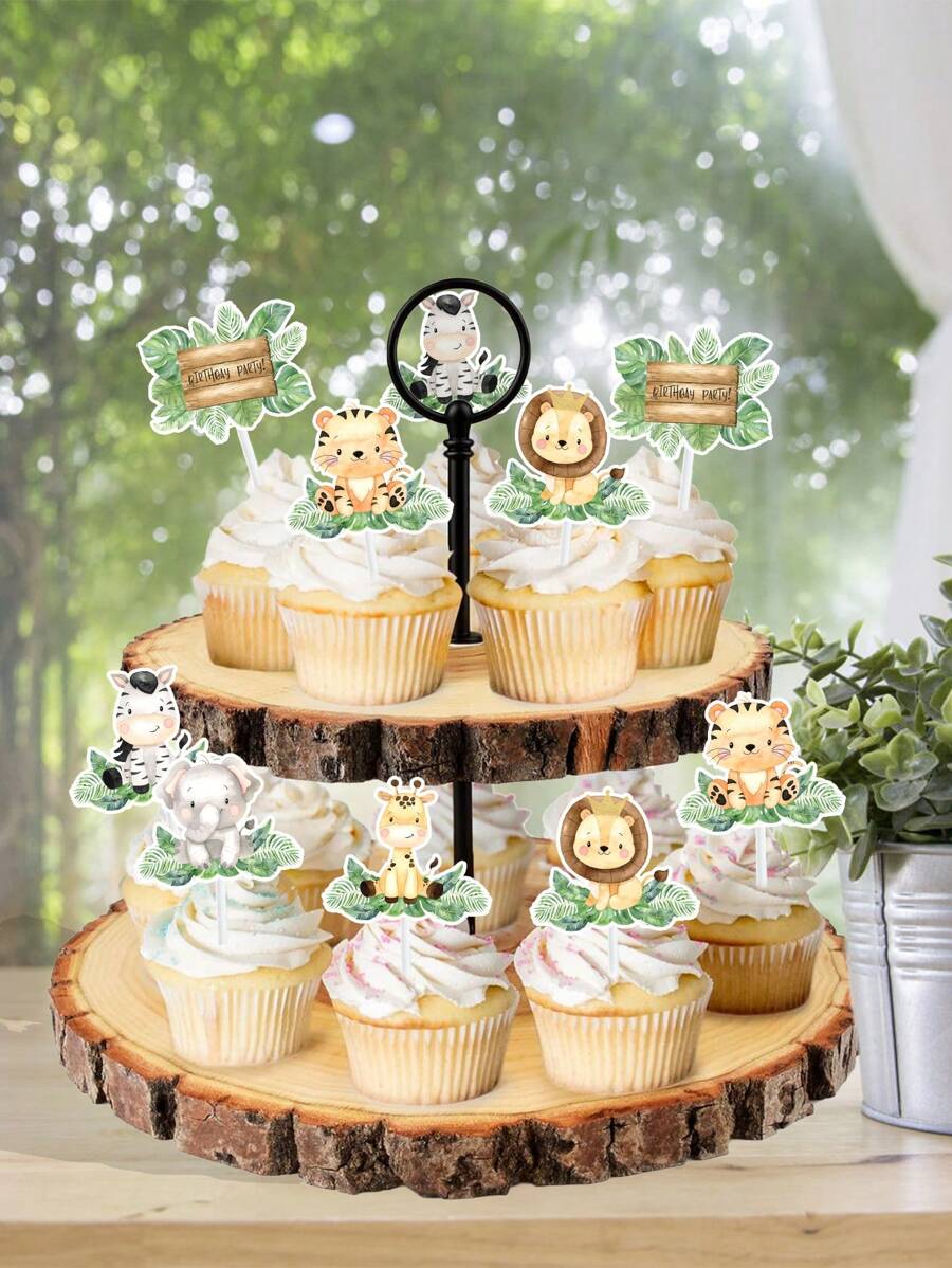 18入組台式蛋糕裝飾套裝,熱帶叢林動物造型的紙質蛋糕插牌,生日派對家用蛋糕裝飾用品
