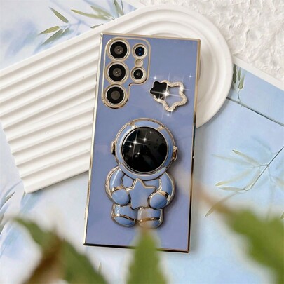 Capa De Celular Macia De Tpu Com Borda Reta Anti-queda E Revestimento Azul, Suporte Para Astronauta Diy, Decoração De Strass E Estrela De Cinco Pontas, Compatível Com Iphone, Samsung, Android - Capa Protetora De Celular