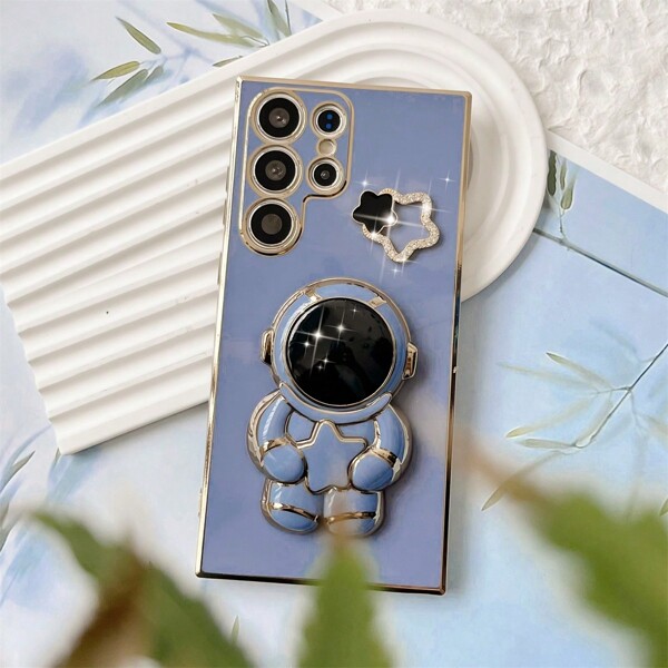 Blue Plated Anti-Drop Straight Edge Tpu Soft Shell Mobile Phone Case With Diy Astronaut Bracket, Rhinestone & Five-Pointed Star Decoration, Compatible With Iphone, Compatible With Samsung, Android Phones, Protective Cover,International Version, Not The Domestic Version