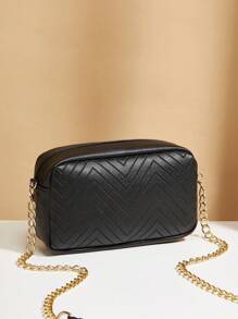 Bolsa De Mujer De Color Sólido Con Cadena Cruzada - Negro - Ver 3