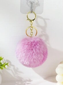 1pc Women's Delicate & Lovely Car Keychain, Plush Creative Backpack Pendant, Faux Rabbit Fur Ball Keyring - Pink - View 3