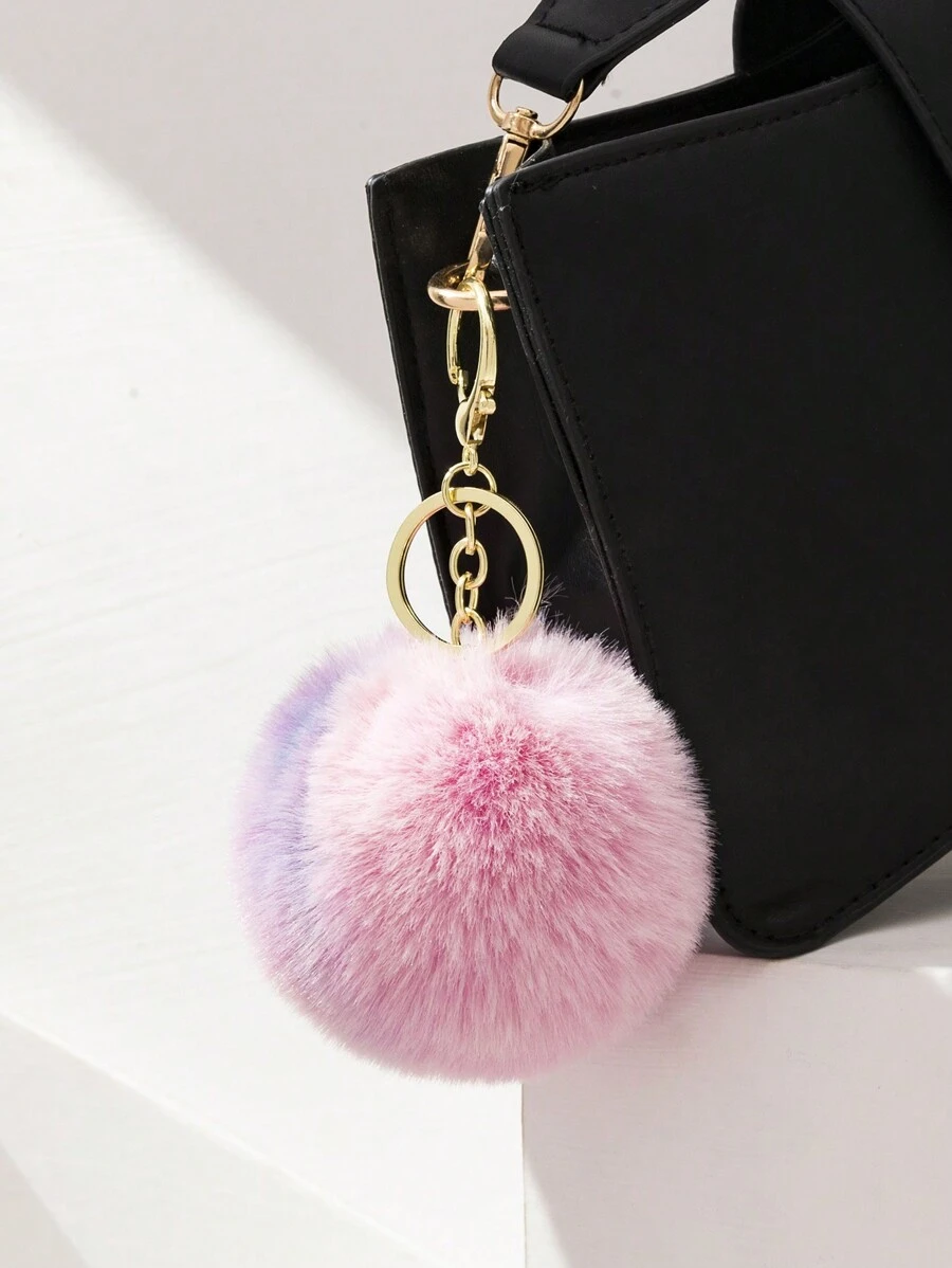 1pc Women's Delicate & Lovely Car Keychain, Plush Creative Backpack Pendant, Faux Rabbit Fur Ball Keyring - Pink - View 1