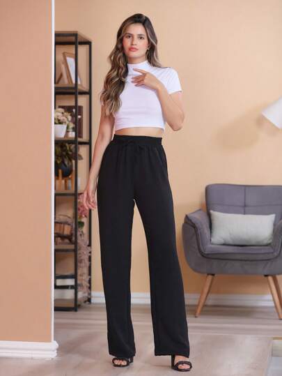 Calça Pantalona Feminina Com Bolso Cintura Alta