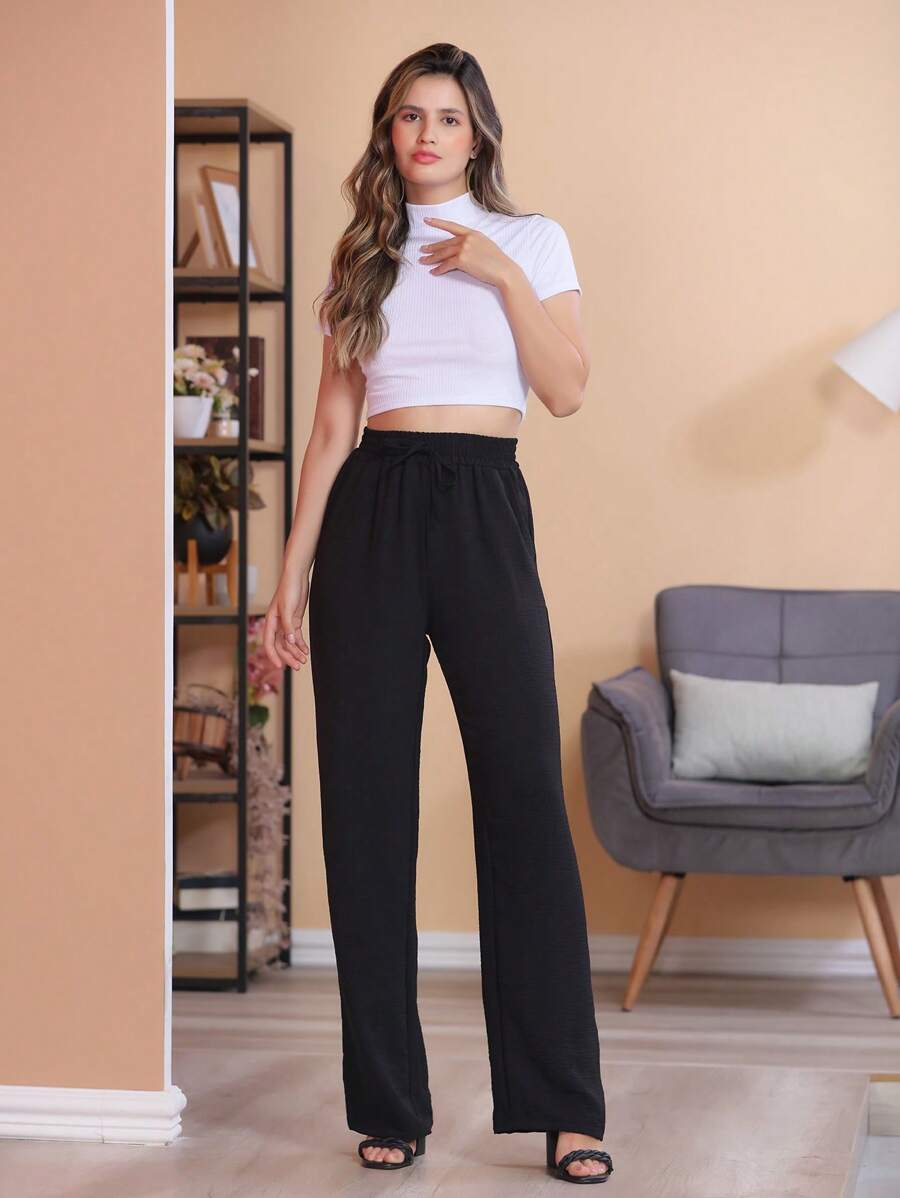 Calça Pantalona Feminina Com Bolso Cintura Alta - Preto - Visão 1
