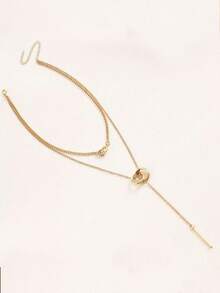 1入女士金色合金幾何雙圓鎖骨鏈長項鍊吊墜,街頭風格配飾 - 金色 - 查看 3