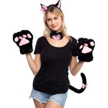 5入組貓咪cosplay服裝,包含貓耳朵和尾巴以及項圈、貓爪手套,適用於派對裝扮 - 黑色 - 查看 4
