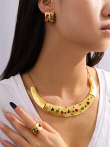 1套/組優雅簡約銅合金和鑽石鑲嵌金色耳環、項鍊、戒指珠寶套裝,適合女性日常穿戴