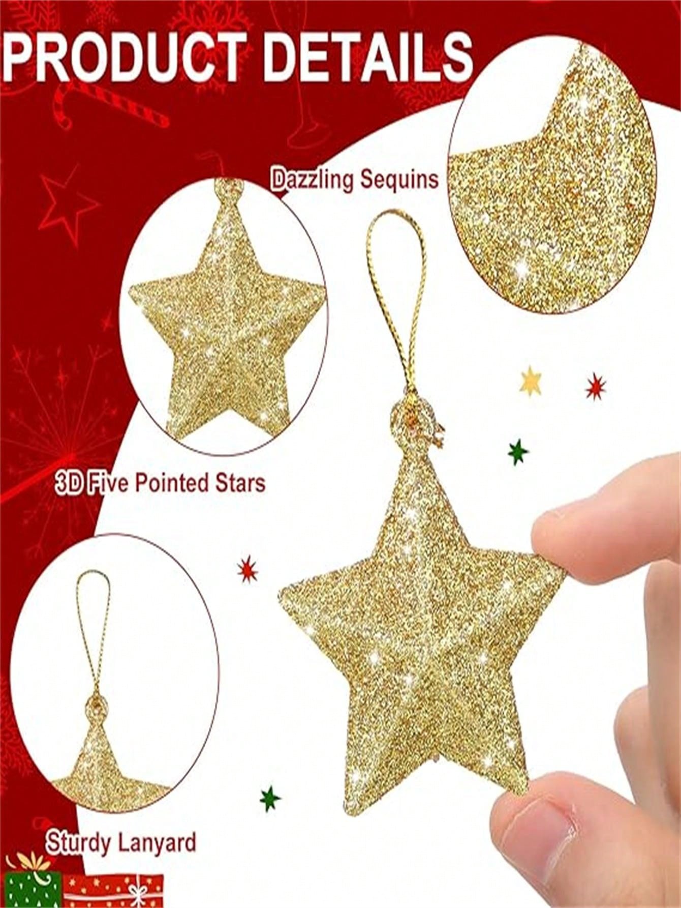 12pcs Christmas Tree Decorations Gold Star Hanging Ornaments Gold