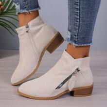 Shoesmall 女士踝靴低跟休閒靴圓頭拉鍊短靴 - 米色 - 查看 4