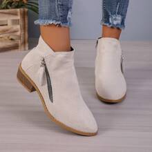 Shoesmall 女士踝靴低跟休閒靴圓頭拉鍊短靴 - 米色 - 查看 6