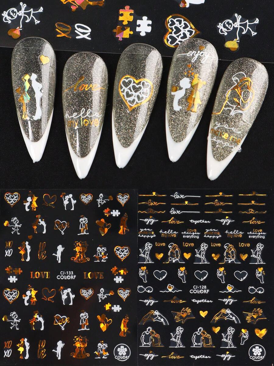 FULL BEAUTY 2入組白金戀愛心形指甲藝術貼紙,浪漫情侶感自黏幻燈片字母指甲藝術裝飾品