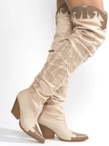 Icona Women's Embroidery Thigh-High Cowboy Boots - 白色 - 查看 4