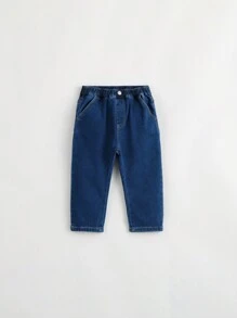 男女通用时尚保暖内衬萝卜裤牛仔裤，冬季保暖（洗涤标签在左口袋内） - 深色水洗藍 - 查看 3