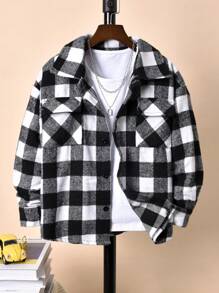 Boys' Simple Black & White Plaid Drop Shoulder Long Sleeve Shirt With Turn-down Collar - Black and White - View 1