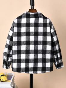 Boys' Simple Black & White Plaid Drop Shoulder Long Sleeve Shirt With Turn-down Collar - Black and White - View 2