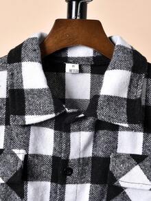 Boys' Simple Black & White Plaid Drop Shoulder Long Sleeve Shirt With Turn-down Collar - Black and White - View 3
