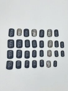 30入組灰藍銀粉色氣墊短方假指甲，附有果凍膠和一個指甲文件。按壓式指甲，指甲用品 - 彩色 - 查看 3