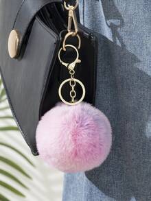 1pc Women's Delicate & Lovely Car Keychain, Plush Creative Backpack Pendant, Faux Rabbit Fur Ball Keyring - Pink - View 6