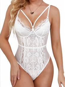 深v領女式花邊連體衣,性感小熊連體衣 - 白色 - 查看 2
