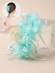 Green Lace Embroidered 3d Flower Hair Claw Clip Accessory - Green - View 2