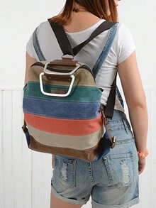 KVKY Vintage Stitching Canvas Backpack, Rainbow Colorblock Travel Handbag, Multi Purpose Shoulder Bag - Multicolor - View 2