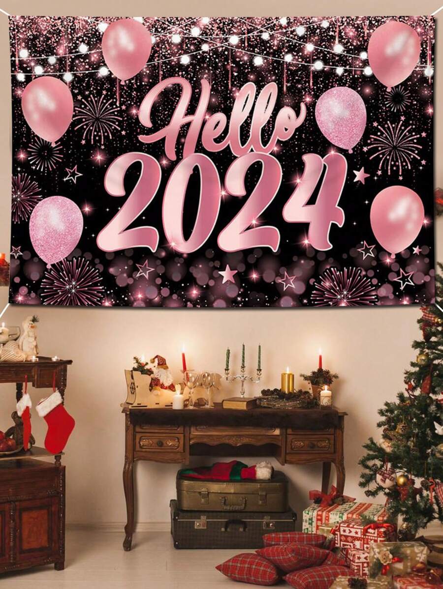 1入組粉黑色hello 2024新年背景布(無紡布),適用於家庭聚會裝飾,新年前夕派對場景裝飾道具