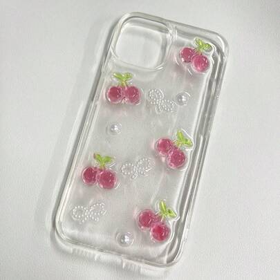 Ốp điện thoại chống sốc kiểu dáng quả anh đào, trang trí 3D quả anh đào và ngọc trai giả cùng nơ, tương thích với iPhone 14/13 Pro Max/15. Chống nước, chống sốc, chống rơi, chống trầy xước. Quà tặng mùa xuân.