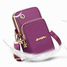 字母细节手机包 女士时尚拉链斜挎包 多功能尼龙收纳袋 可装硬币和耳机 (6.69*3.54*1.96) 英寸 女士钱包 钱包 - 紫色 - 查看 10