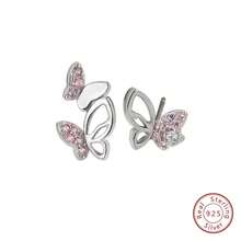 1pair Asymmetrical Pink Butterfly Earrings In Sterling Silver - Silver - View 4