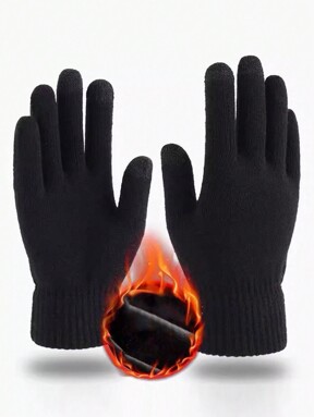 1 Paar schwarze vollfingerige gestrickte Touchscreen Handschuhe mit warmer Fellinnenseite, kältebeständig für Reiten, Halloween Zubehör, Winterhandschuhe