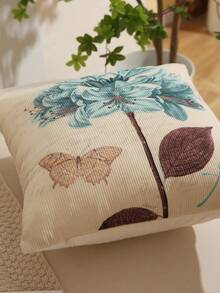 One-sided Thick Corduroy Pillowcase With Flower And Butterfly Pattern Printed On One Side - Multicolor - View 2