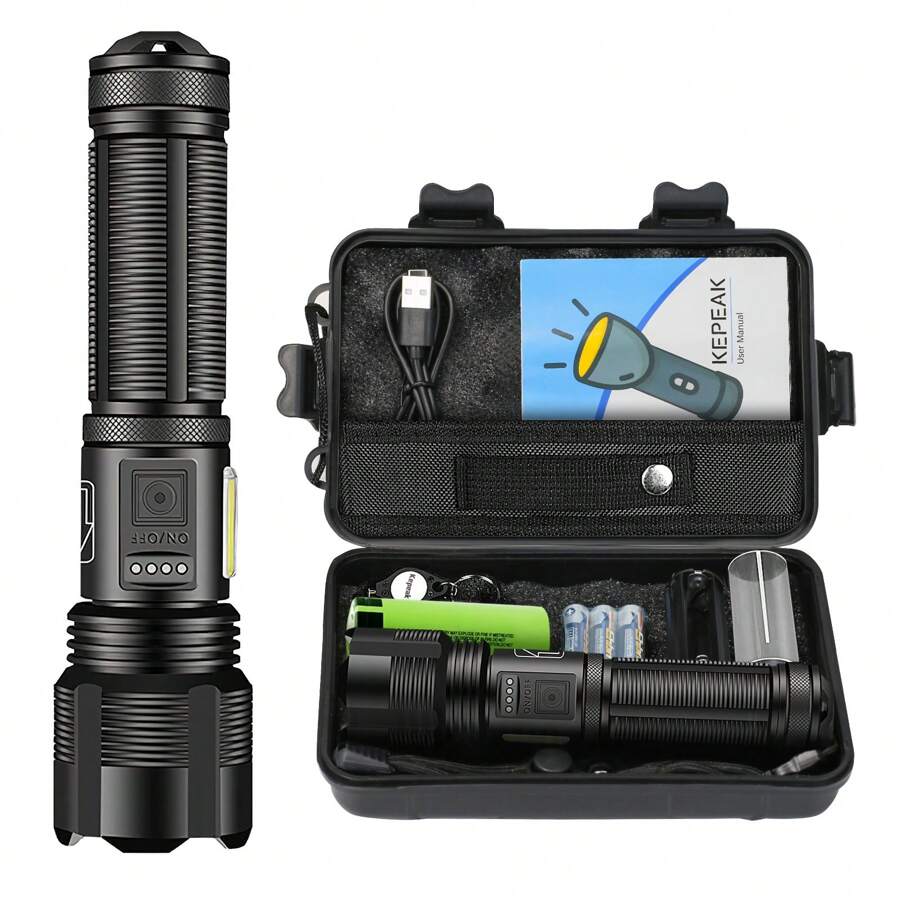 LED Flashlight 5000 Lumen, Extremely Bright LED Flashlight Set With 3200 MAh Rechargeable Batteries, Red & White Bi-Color Side Lights, IPX4 For Camping, Fishing, Outdoor & Emergencies - Black - View 1