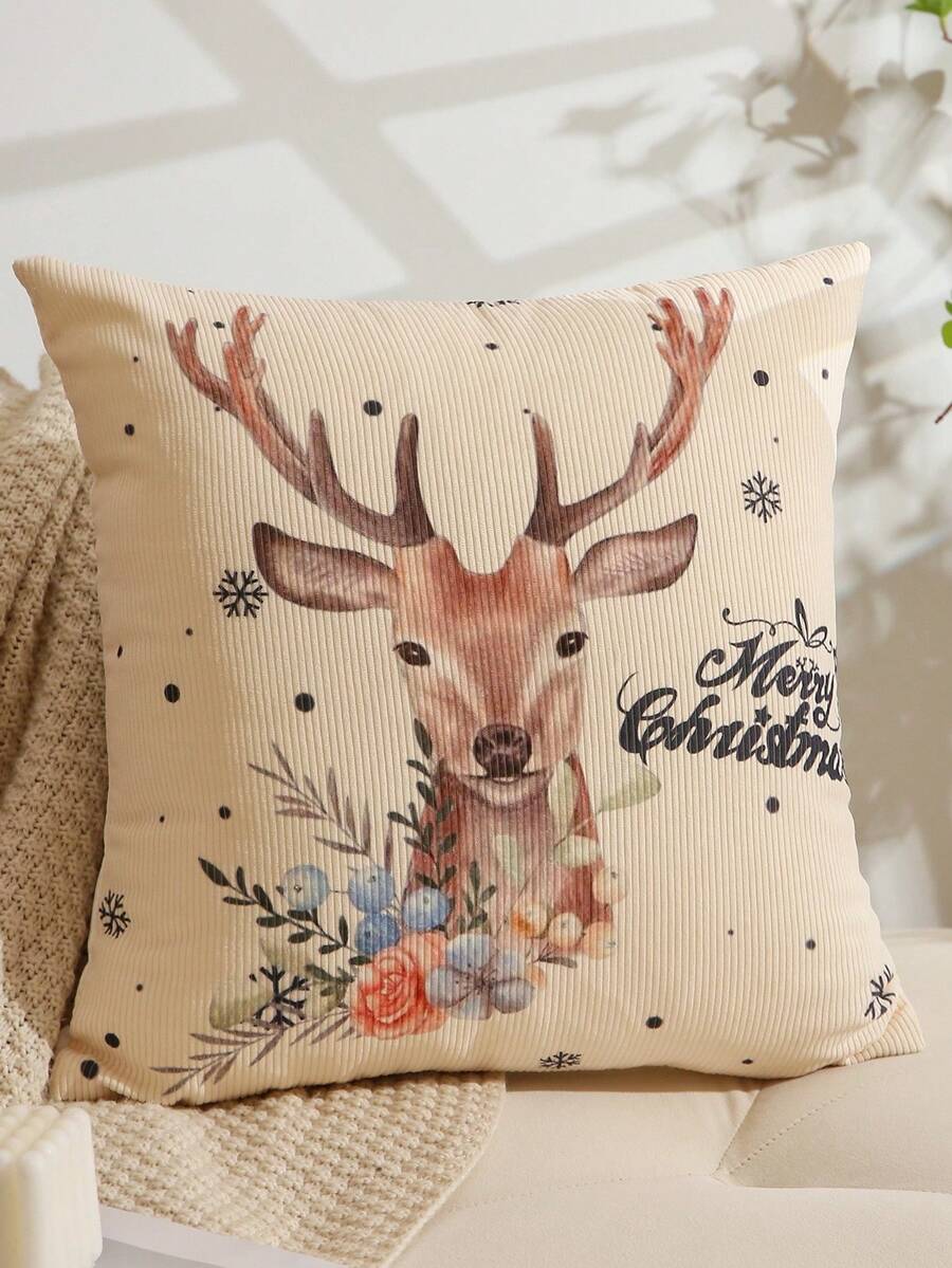 1pc Christmas Decor Reindeer Pattern Printed Corduroy Cushion Cover - Multicolor - View 1