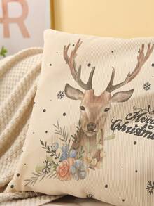 1pc Christmas Decor Reindeer Pattern Printed Corduroy Cushion Cover - Multicolor - View 5