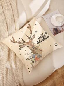 1pc Christmas Decor Reindeer Pattern Printed Corduroy Cushion Cover - Multicolor - View 4