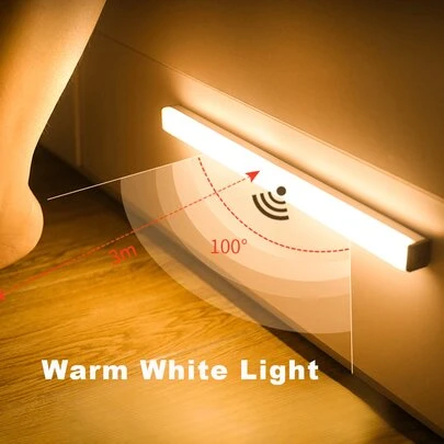 1入組LED運動感應燈10/20/30cm USB可充電燈，帶磁性膠帶和可移動的機身，適用於櫥櫃、牆壁、廚房、樓梯、洗手間和浴室