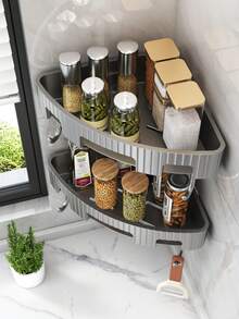 1 pieza Estante de almacenamiento de pared de plástico triangular sin taladrar, para cocina, sala de estar, baño, dormitorio, dormitorio y tienda - Gris Oscuro - Ver 3
