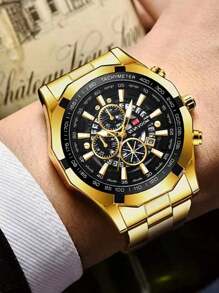 VA VA VOOM 1入組男士金色不銹鋼錶帶休閒防水圓形錶盤石英手錶，適合日常生活 - 金色 - 查看 3