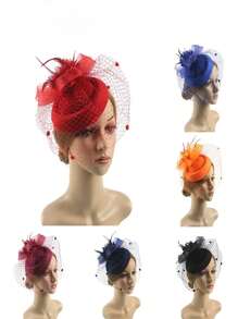 1個迷人的帽子,帶有夾子的女士禮帽,羽毛婚禮頭飾,新娘1920年代頭飾,優雅的網狀頭飾,誇張的雪紡假羽毛髮箍,新娘禮服賽馬俱樂部頭花攝影照片珠寶