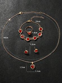 5入組復古紅色愛心鑽石珠寶套裝,適用於女性日常穿搭