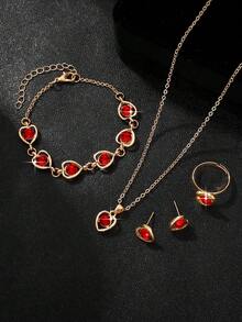 5入組復古紅色愛心鑽石珠寶套裝,適用於女性日常穿搭