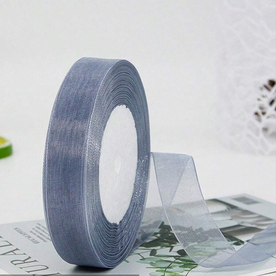 1roll 2cm Semi-transparent Organza Ribbon With Bowknot For Hair Accessory, Cake Baking, Gift Wrapping - Grey - View 1