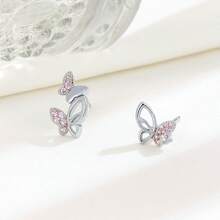1pair Asymmetrical Pink Butterfly Earrings In Sterling Silver - Silver - View 11