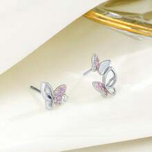 1pair Asymmetrical Pink Butterfly Earrings In Sterling Silver - Silver - View 10