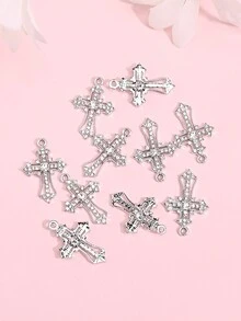 10pcs Dark Style Rhinestone Inlaid Cross Pendant For Necklace, Earrings Diy Punk Themed Jewelry Making Material - Yellow Gold - View 2