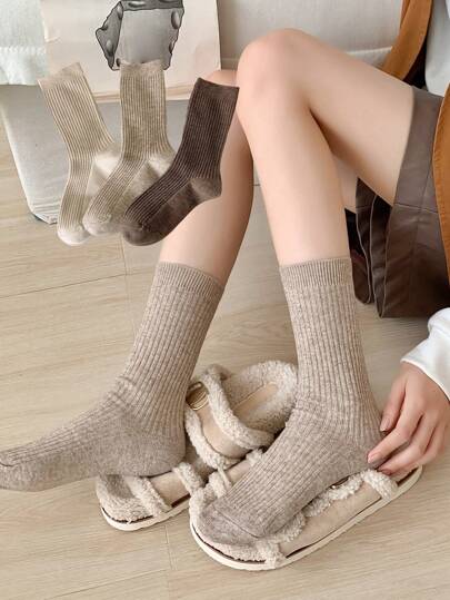 3 Pairs Women Solid Color Warm Slouch Ankle Socks, Classic All Match, Autumn & Winter