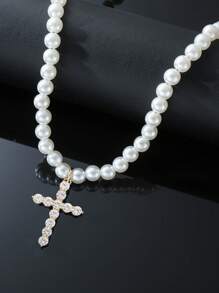 Hombres de moda y populares Collar con cuentas de perlas de imitación con abalorio de cruz de diamantes de imitación, material de aleación de estilo punk hip pop para fiestas y para una apariencia elegante - Multicolor - Ver 1