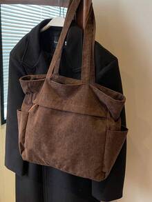 Corduroy Multi-pocket Simple Shoulder Bag - Coffee Brown - View 4