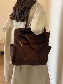 Corduroy Multi-pocket Simple Shoulder Bag - Coffee Brown - View 3
